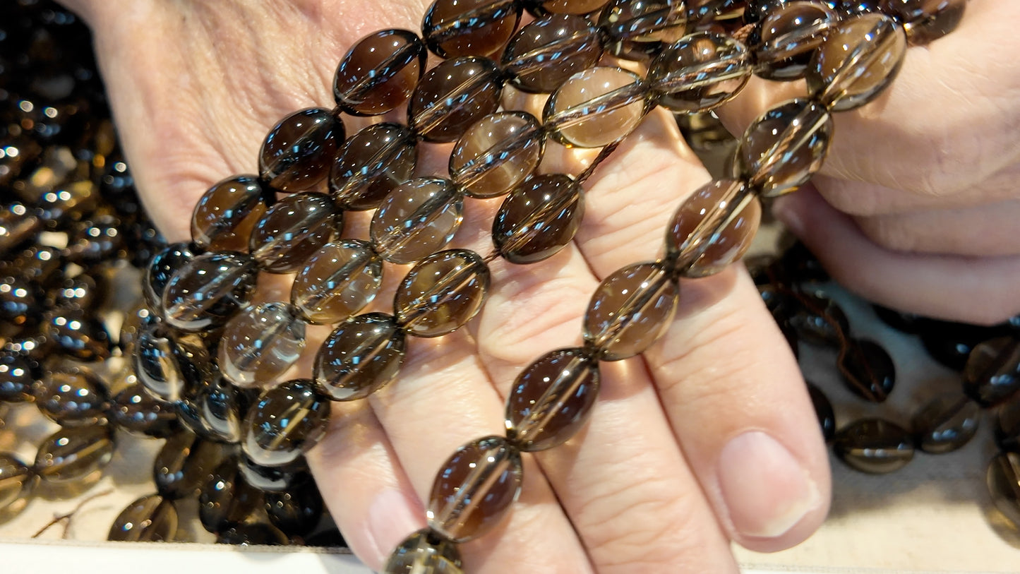 Smokey Quartz Olive shape, all natural. Smooth polish, approx 10x14 15" strands!
