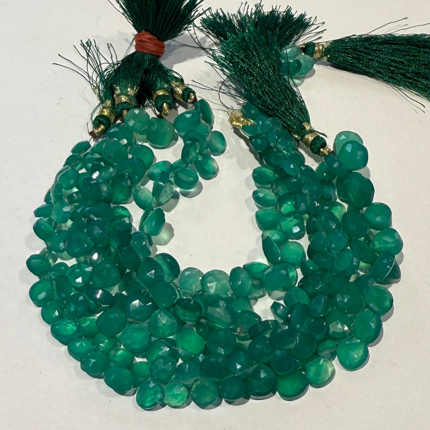 Green Onyx Faceted Briolettes, treated 7" strands