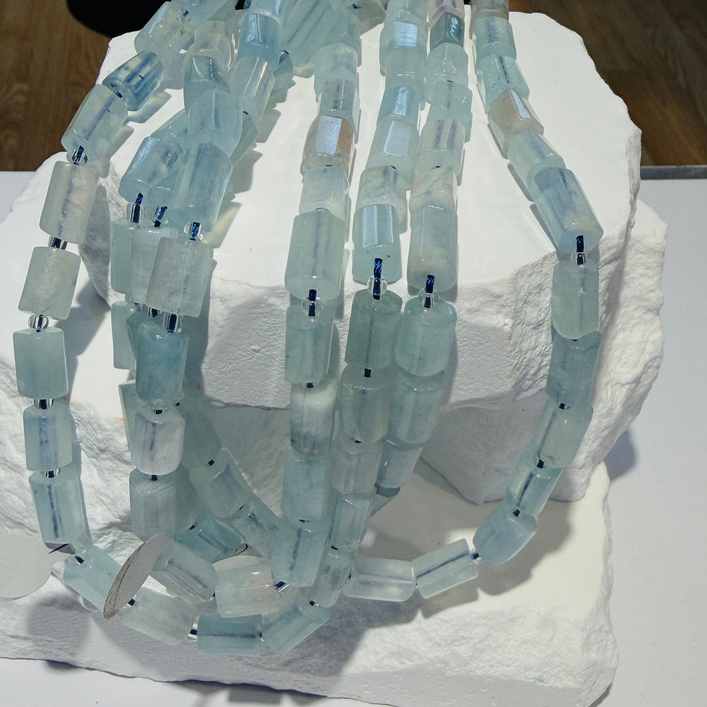 Aquamarine Rod shape with flat sides approx 6x11mm 15" strands