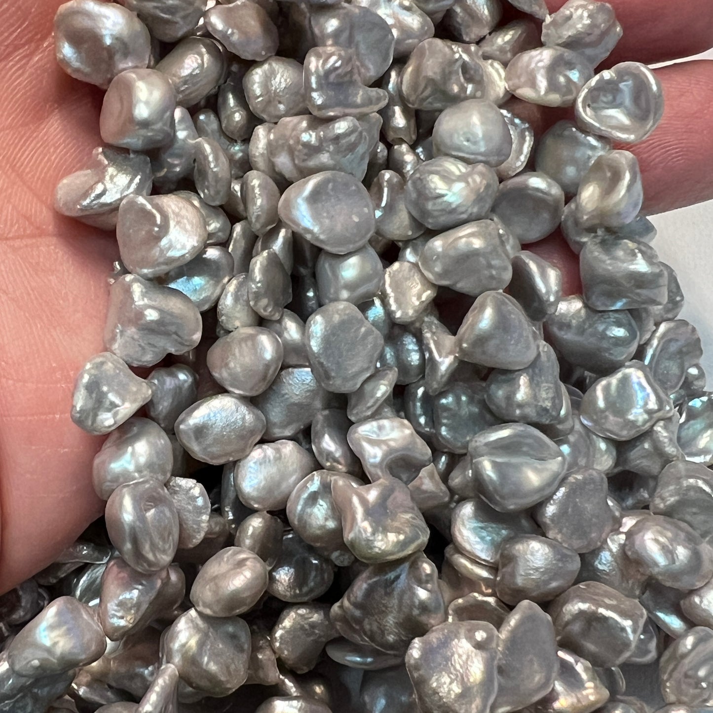 Keshi, Corn Flake Pearls 16" Platinum color!