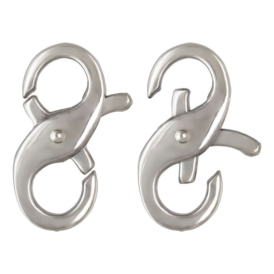 Sterling silver double infinity clasp shown closed and open, with two curved hooks and a central pivoting closure.