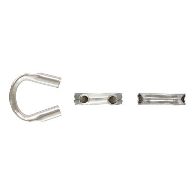 Three silver metal hardware components, including a U-shaped piece and two cylindrical connector pieces, shown on a plain white background.