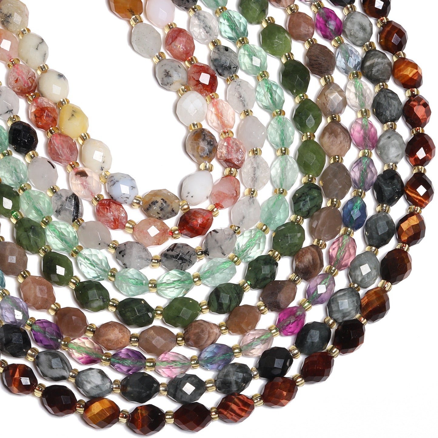 Multiple strands of faceted gemstone beads in assorted colors and patterns, separated by small gold spacer beads, arranged on a white background.