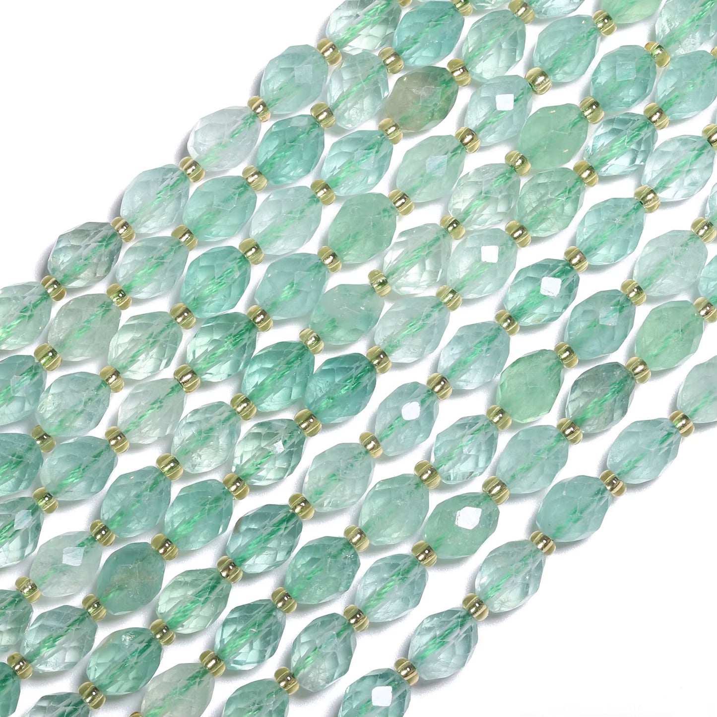 Faceted light green gemstone beads strung on a cord with small gold spacer beads, shown on a white background.