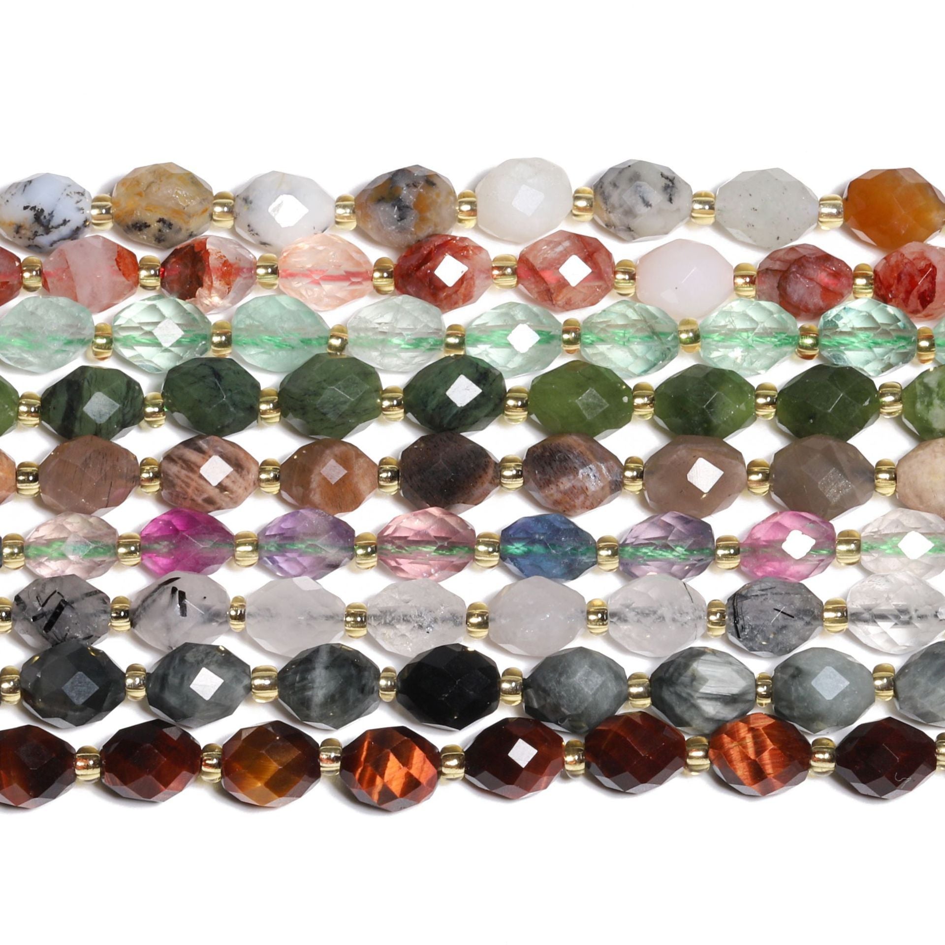 Multiple strands of faceted gemstone beads in assorted colors separated by small gold spacer beads, arranged horizontally on a white background.