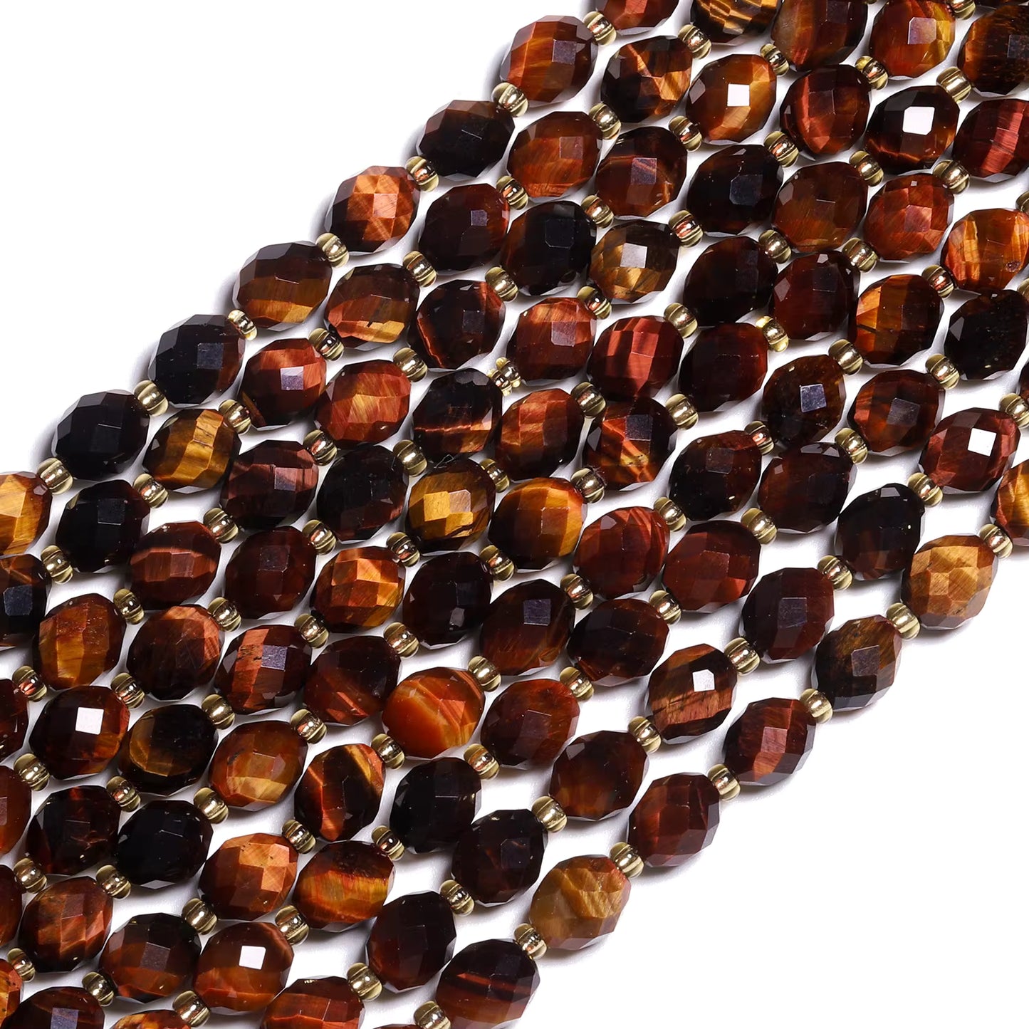 Faceted brown and amber glass beads with small gold spacer beads, arranged in parallel strands on a white background.