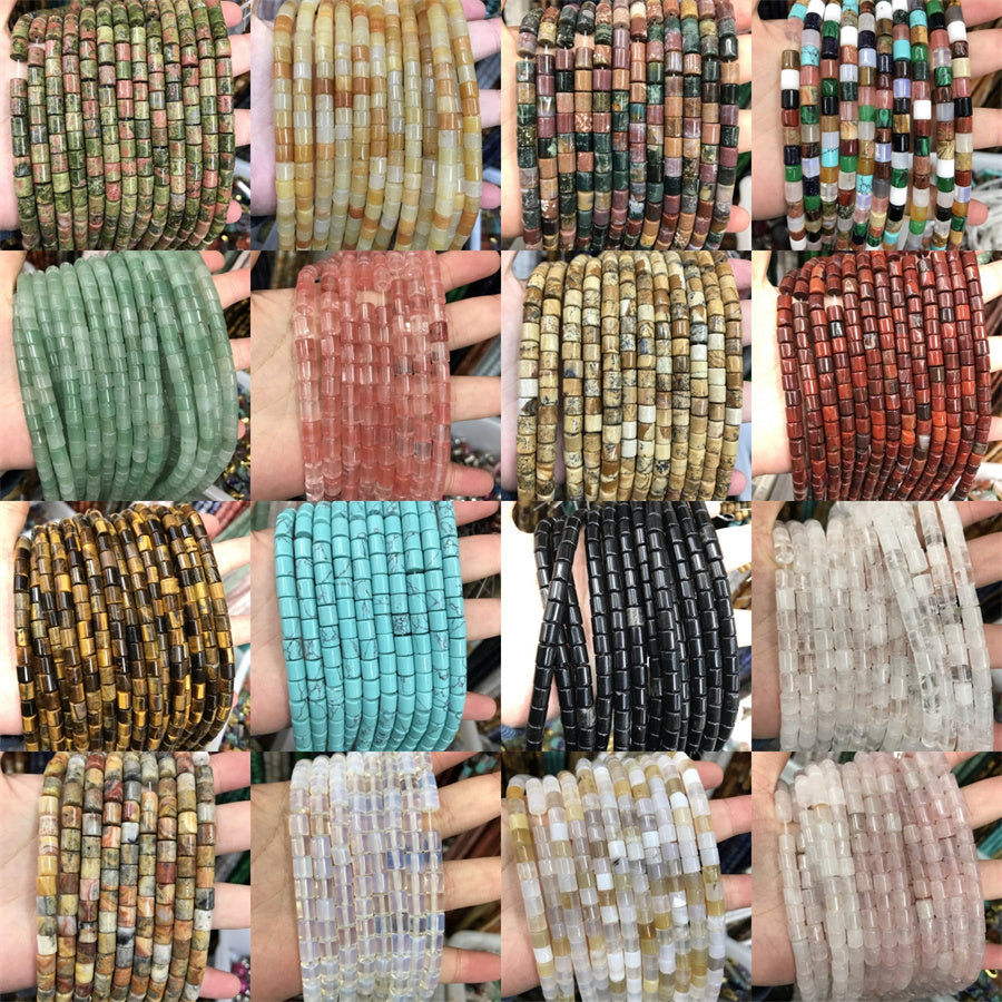 A 12x3 grid collage showing multiple sets of chunky beaded bracelets held on hands. The bracelets feature various stone patterns and colors including green, turquoise, black, white, brown, and red, with some showing natural wood grain.