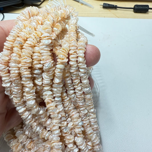Natural Keshi Blush color pearls.  Approx. 6 mm 16" strands, lots of luster
