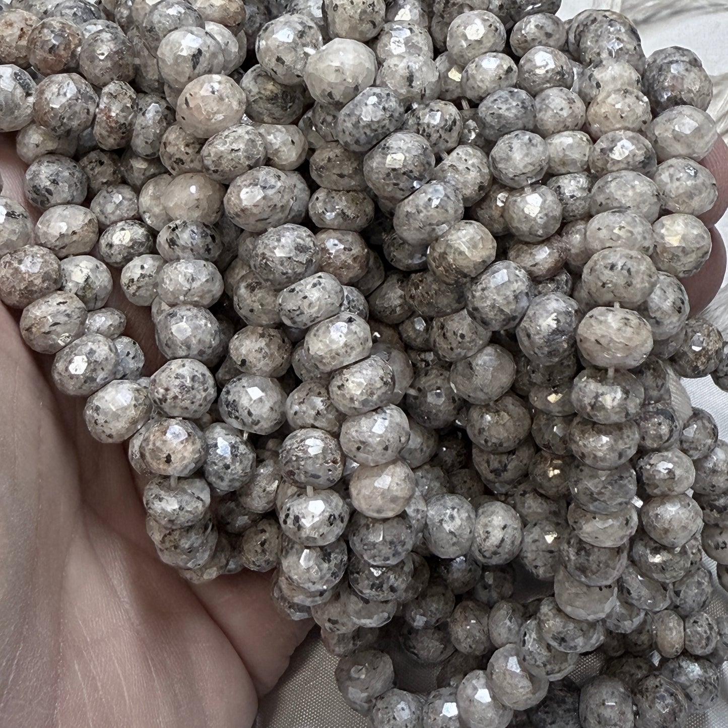 Gray Moonstone faceted with sparkle finish. approx. 8 mm 16" strands