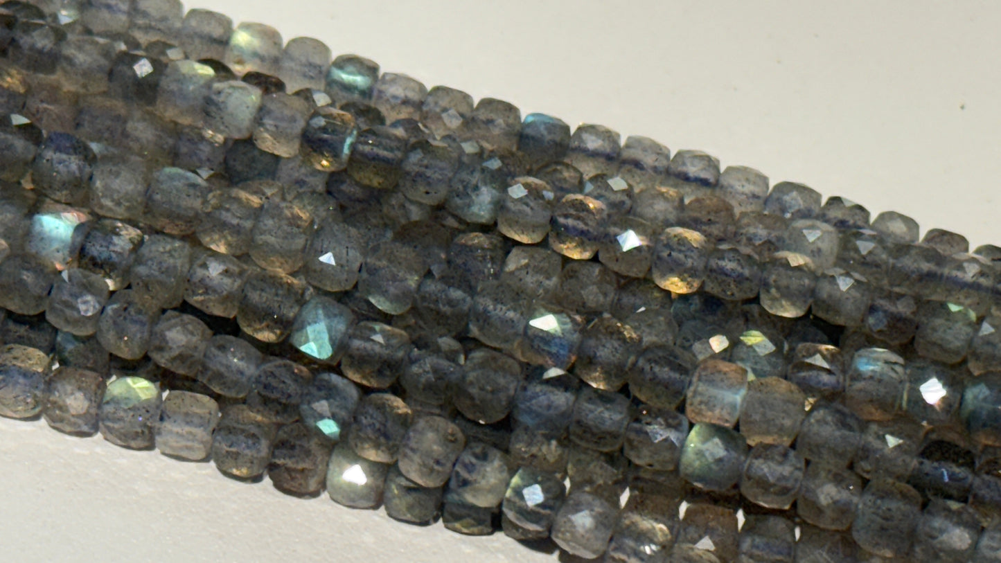 Labradorite Faceted Cubes 4 mm 16" strands Loads of Flash and Sparkle!