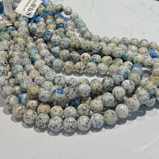 K2  Granite with Azurite, totally Natural 8 mm  16" strands