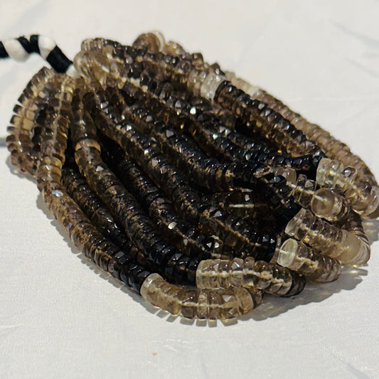 Smokey Quartz 7 mm 15" Tire Shaped faceted beads, ombre of color