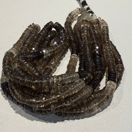 Smokey Quartz "Tire Shaped" beads, faceted. Approx 7 mm 15" strands