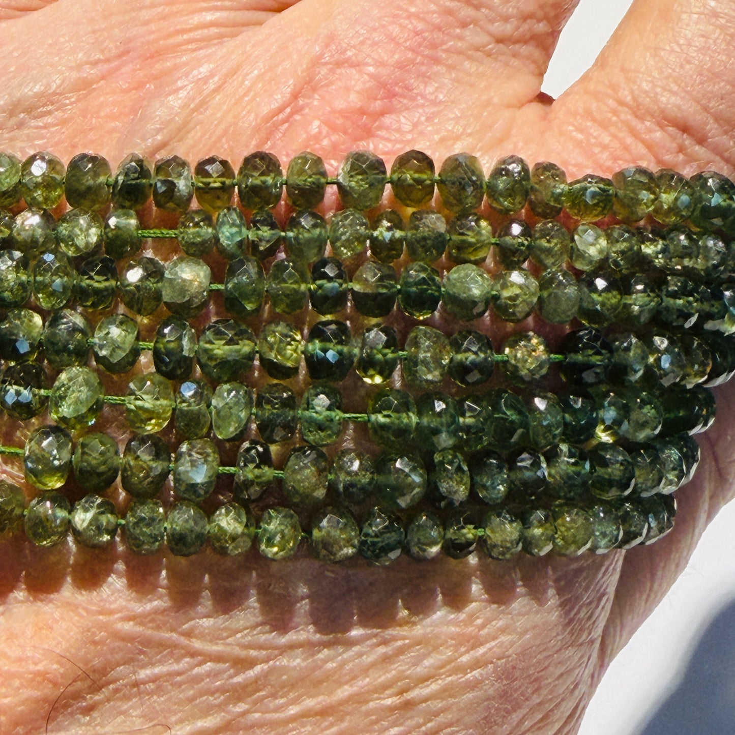Green Grossular Garnet Faceted Roundels approx 5mm 15" strands, sparkly!