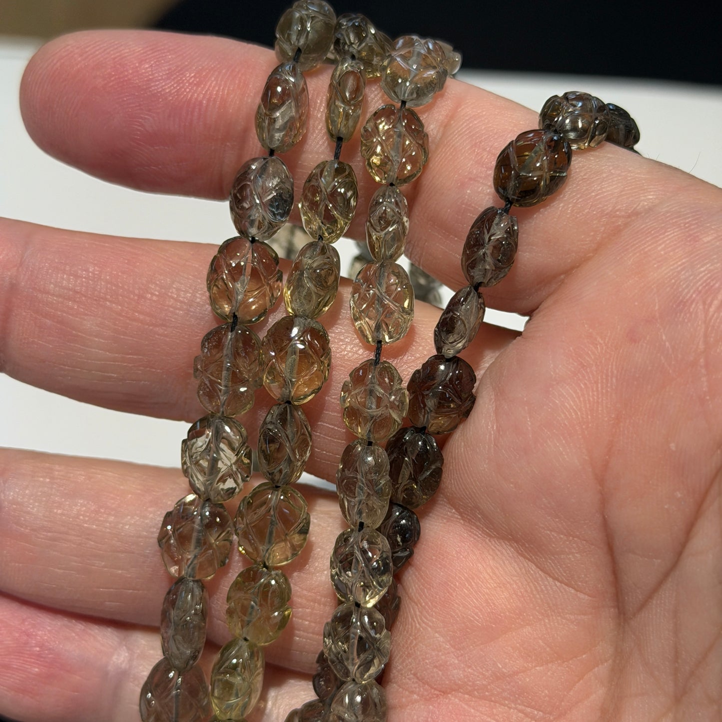 Carved Smokey Quartz Beads, approx. 15" strands