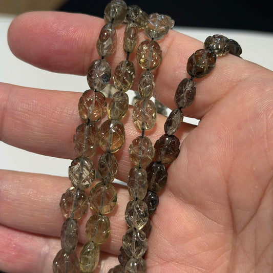 Carved Smokey Quartz Beads, approx. 15" strands