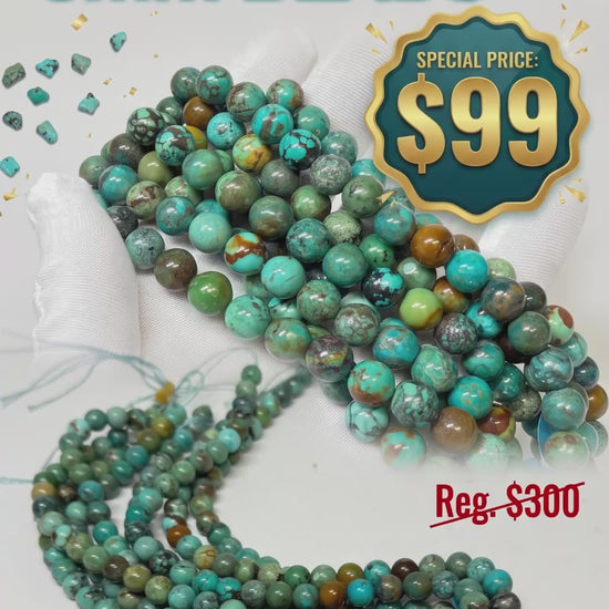 Multiple strands of 8mm round natural turquoise beads held by a white-gloved hand against a white background. Text overlays announce "Natural Turquoise 8mm Beads" with a "Special Price: $99" marked down from a regular price of $300, and a bottom banner reading "Huge Discovery! Limited Deal!"  this is a thumbnail of a video